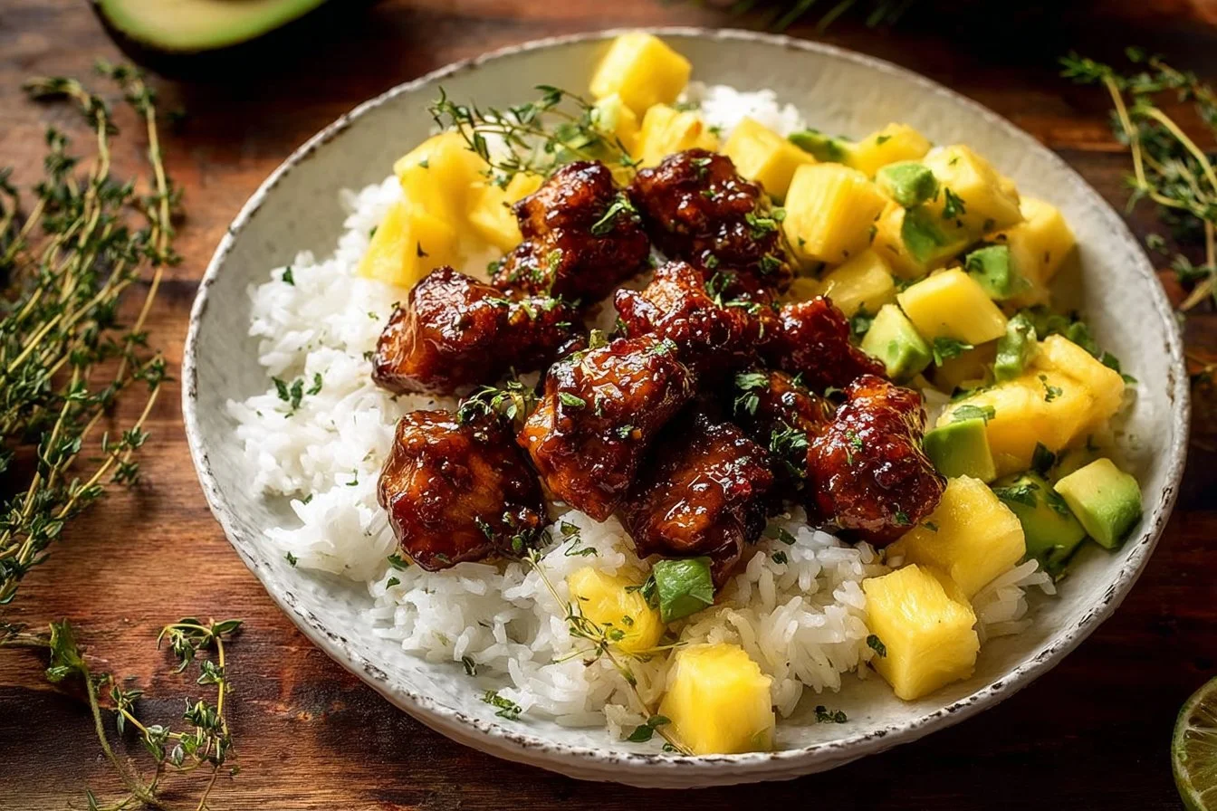 30-minute pineapple chicken dish served with coconut rice
