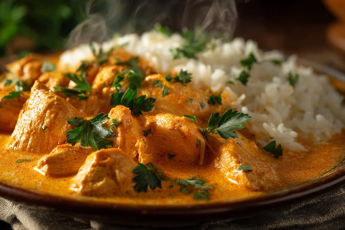 Delicious plate of smothered chicken served with rice and gravy.