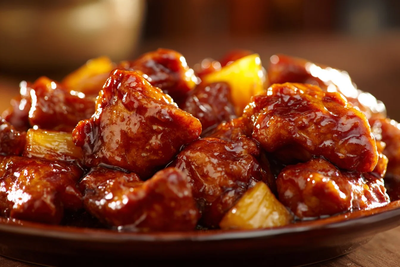 Delicious Brown Sugar Pineapple Chicken served with colorful vegetables