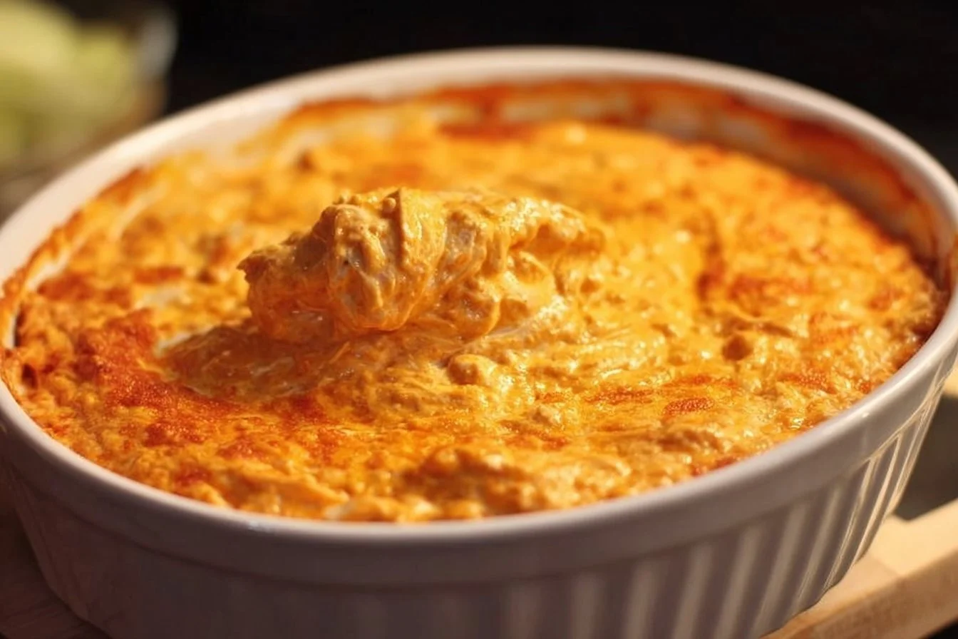 Creamy Buffalo Chicken Dip served in a bowl with tortilla chips on the side.