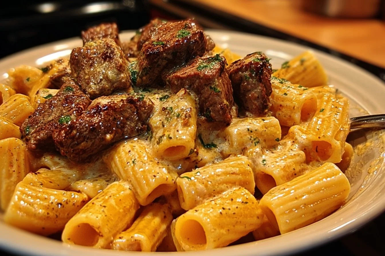 Delicious Cajun Steak Tips served with creamy Cheesy Rigatoni