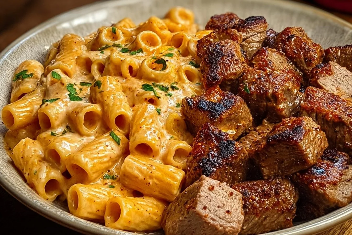 Cajun Steak Tips with Cheesy Rigatoni