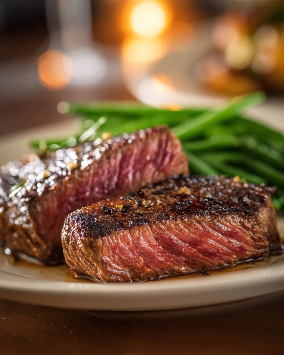 Perfectly seared cast iron steak on a wooden cutting board