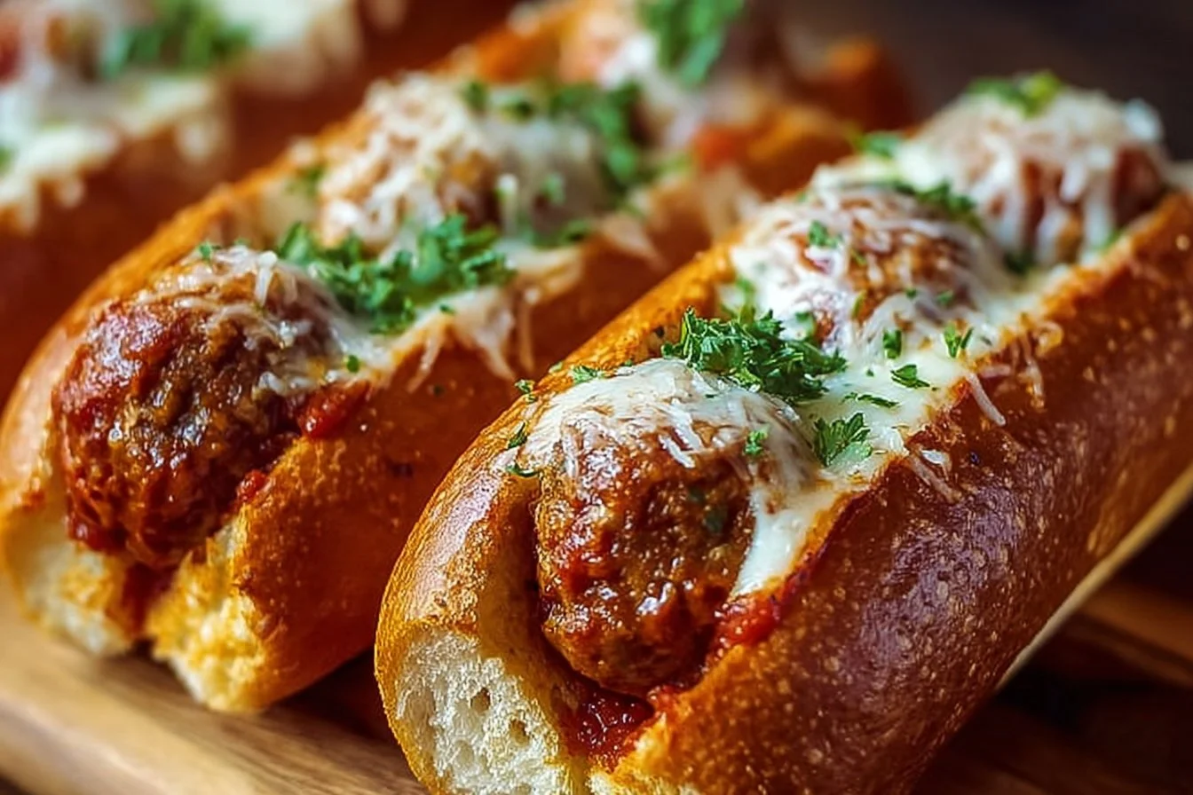 Cheesy meatball sub with melted cheese and marinara sauce on a hoagie roll.