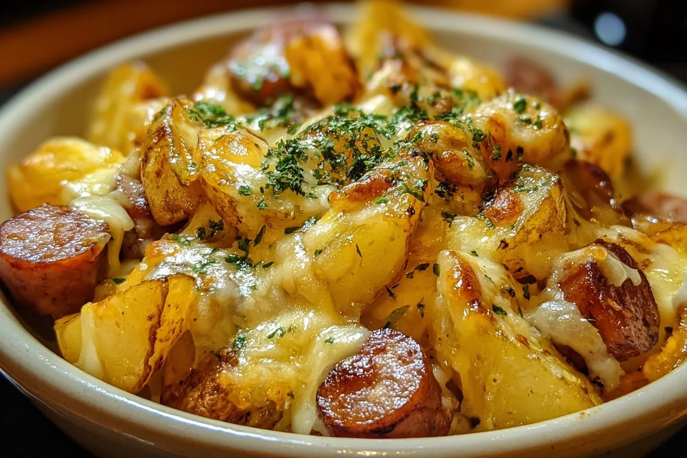 Cheesy Ranch Potatoes with Smoked Sausage served on a plate