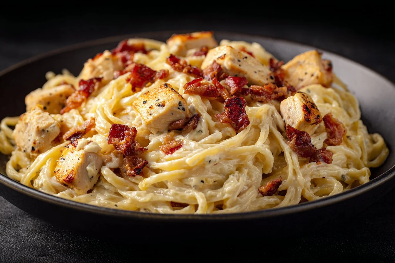 Creamy Chicken Bacon Ranch Pasta recipe with crispy bacon and fresh herbs