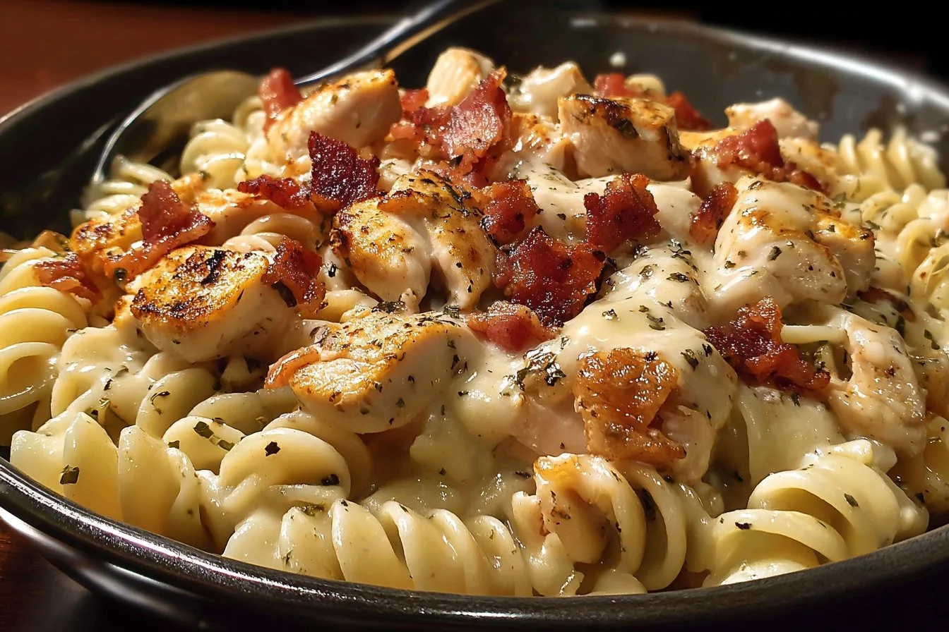 Delicious Chicken Bacon Ranch Pasta with creamy sauce and crispy bacon
