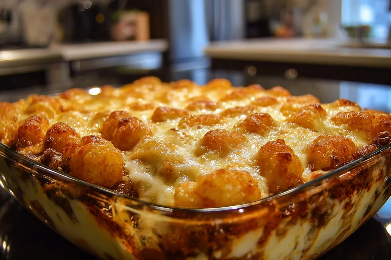 Delicious Chili Cheese Tater Tot Casserole served in a baking dish