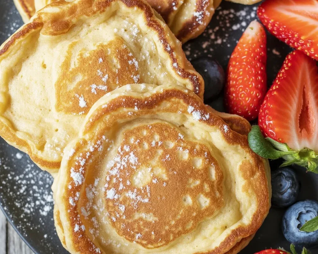 Delicious cottage cheese pancakes topped with syrup and fresh fruit.