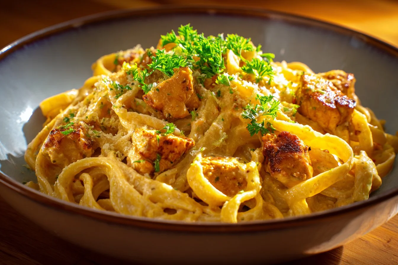Cowboy Butter Chicken Pasta served in a bowl with herbs and spices