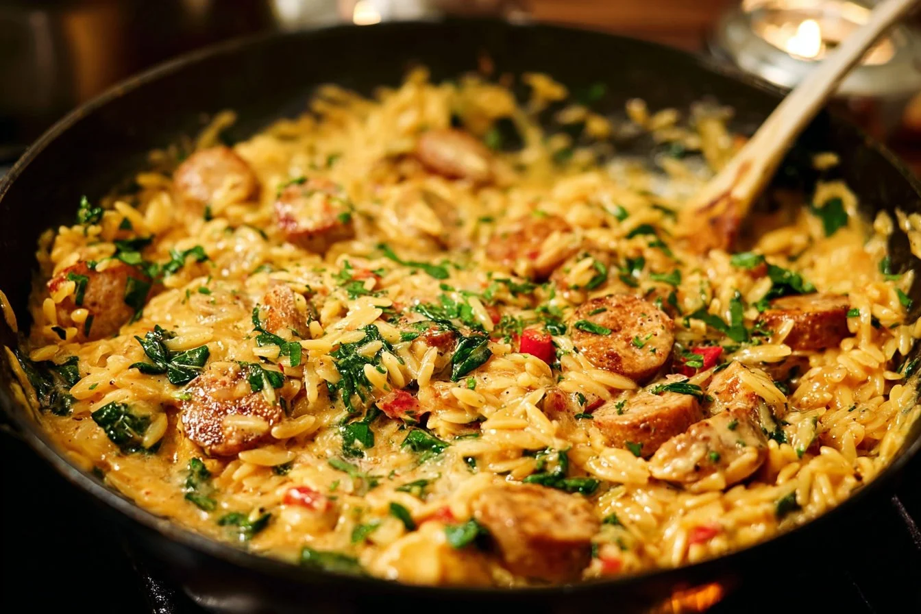 Creamy Chicken Sausage Orzo Skillet