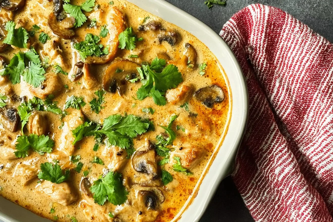 Creamy keto chicken casserole dish with low-carb ingredients.