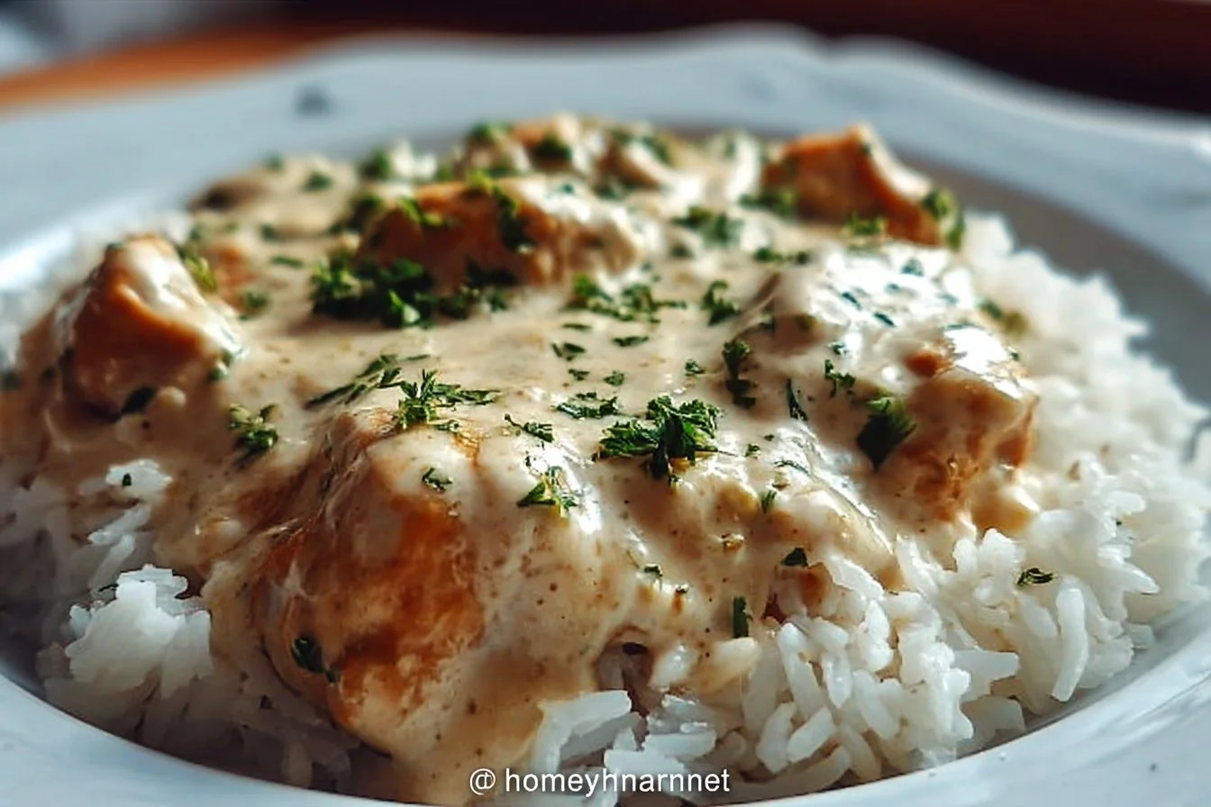 Delicious creamy smothered chicken served over fluffy rice.