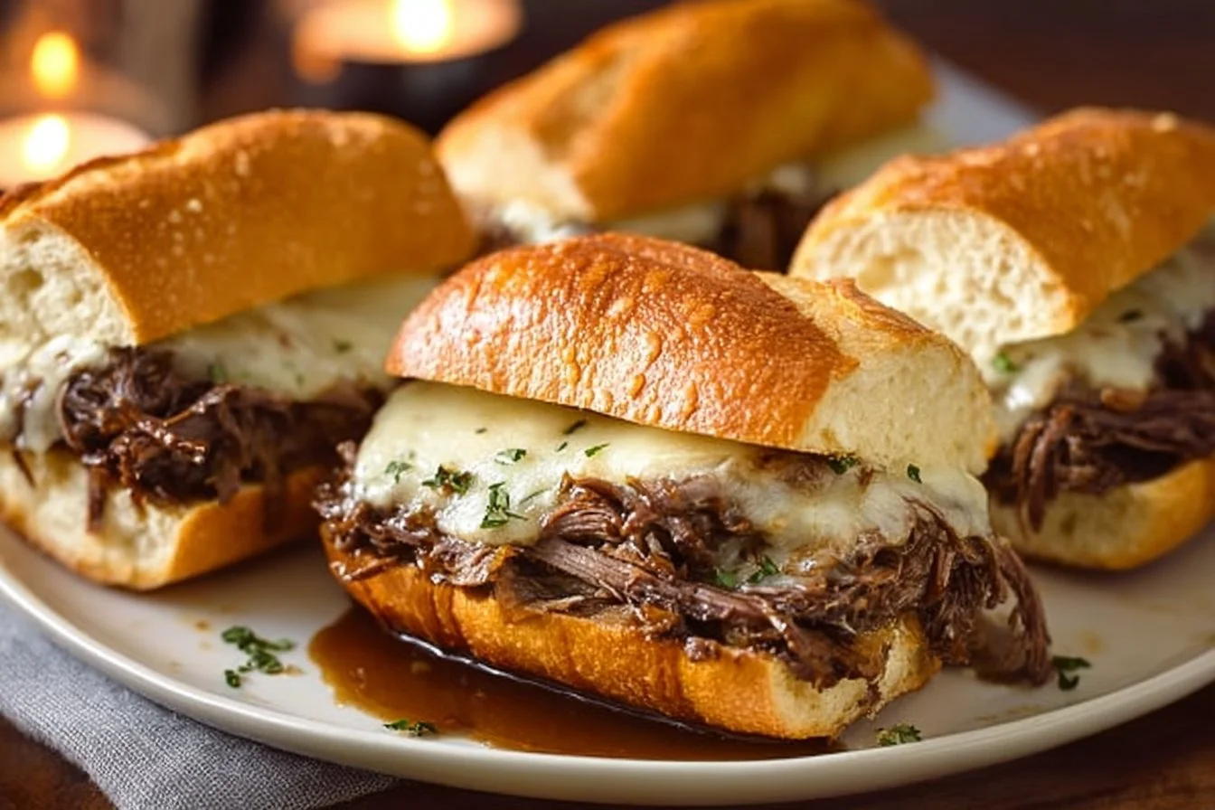 Crockpot French dip sandwich with tender beef and rich au jus in a bun