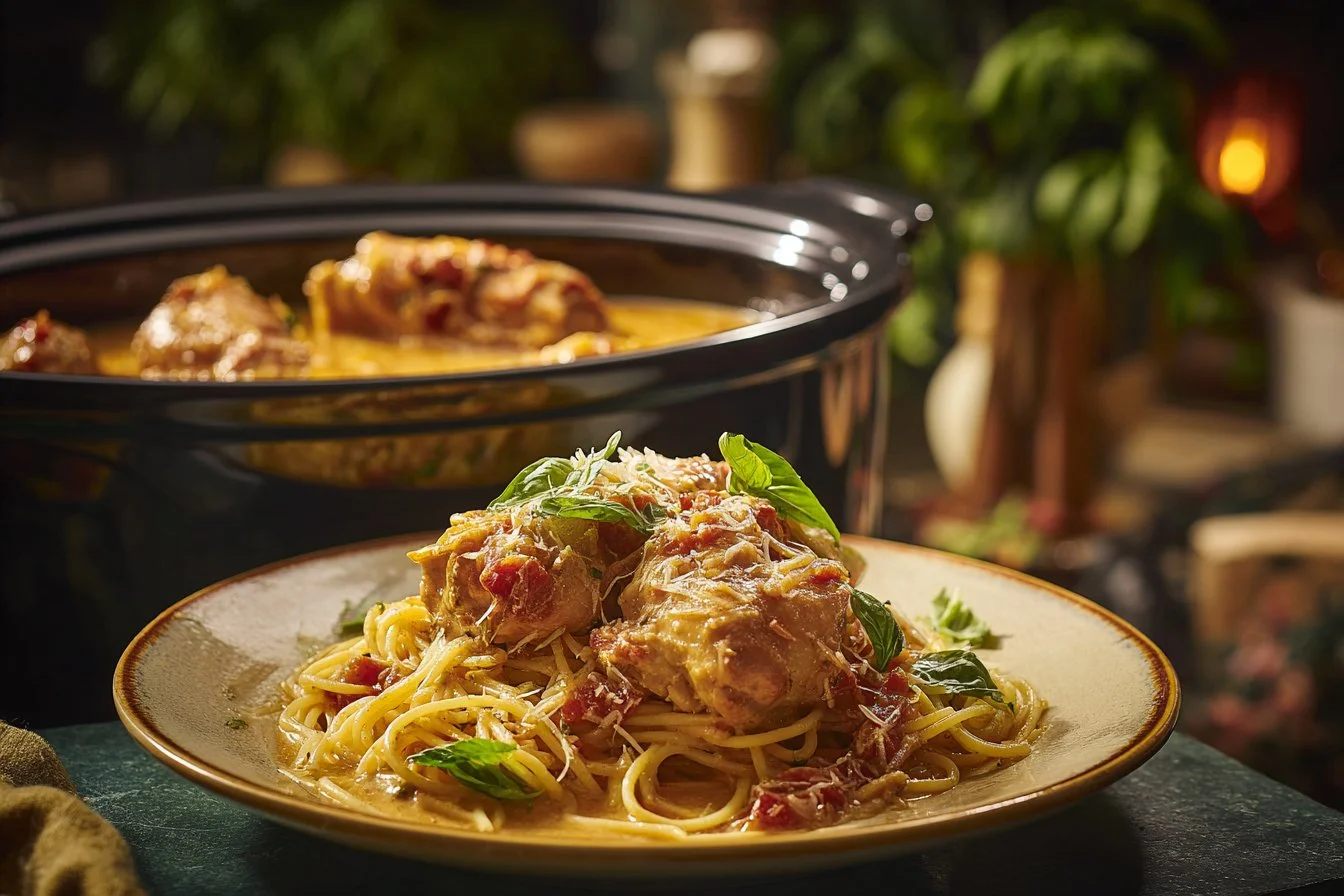 Crockpot Marry Me Chicken served on a plate with a side of vegetables
