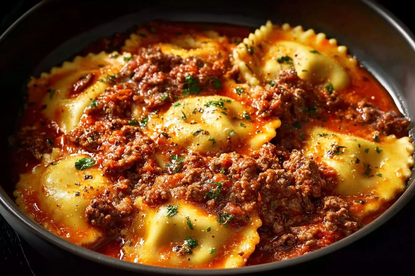 Delicious crockpot ravioli lasagna served in a bowl with melted cheese on top.
