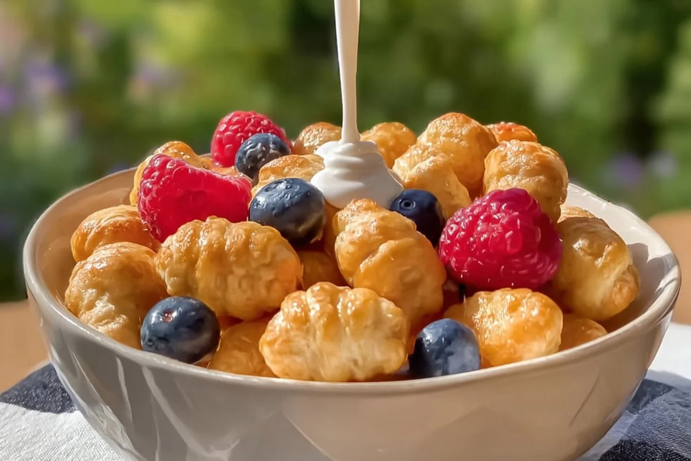 A bowl of croissant cereal with fresh berries and milk