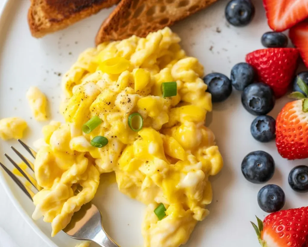 Fluffy high protein scrambled eggs with cottage cheese, perfect for a healthy breakfast.