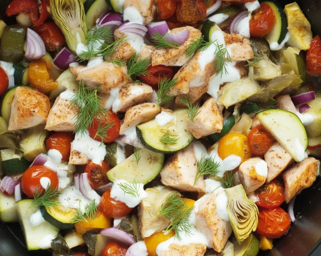 Delicious Air Fryer Greek chicken served with zucchini, chickpeas, and feta cheese.