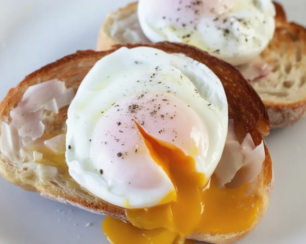 Delicious air fryer poached eggs in a ramekin with runny yolk and firm whites.