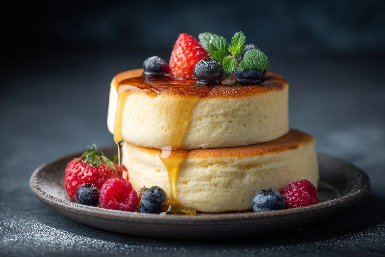 Fluffy Japanese soufflé pancakes served with syrup and fruit garnish.