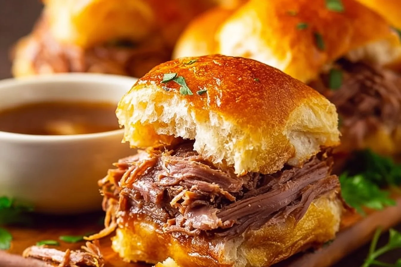 French Dip Sliders with roast beef and dipping sauce on a plate