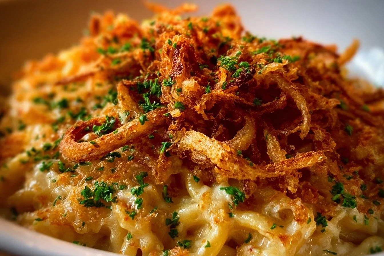 French Onion Chicken Orzo Casserole garnished with cheese and herbs