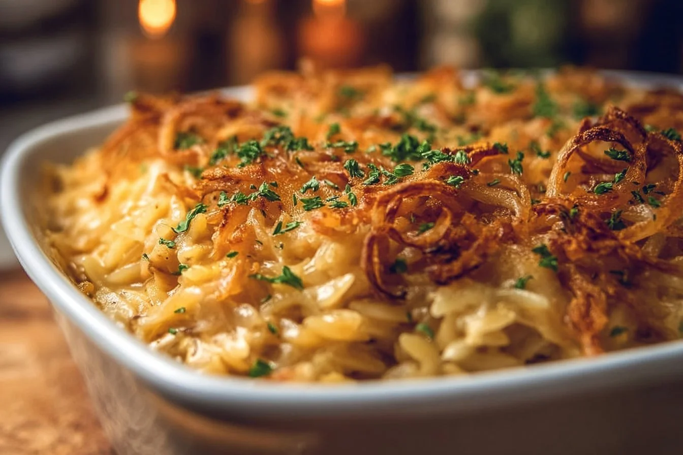 French Onion Chicken Orzo Casserole