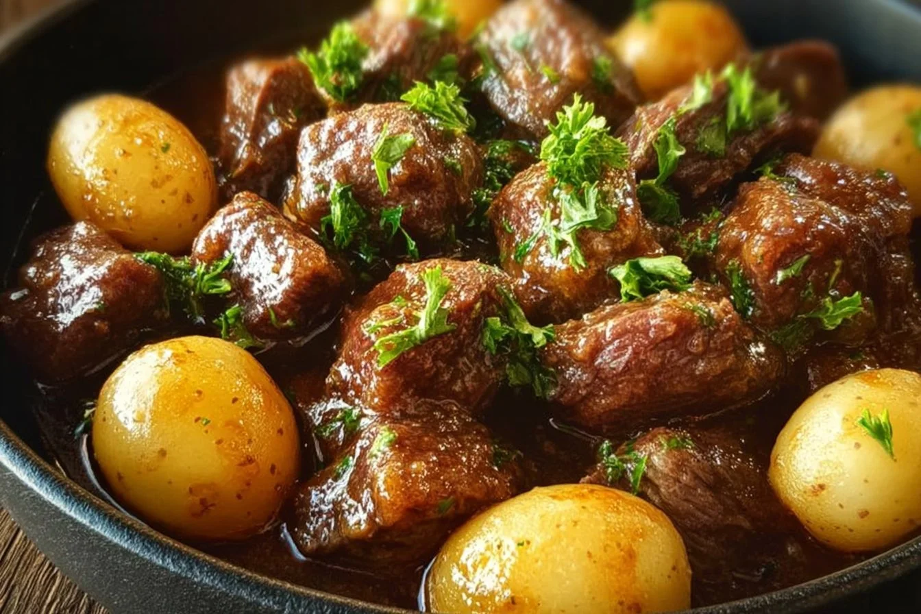 Garlic butter beef bites served with golden roasted potatoes