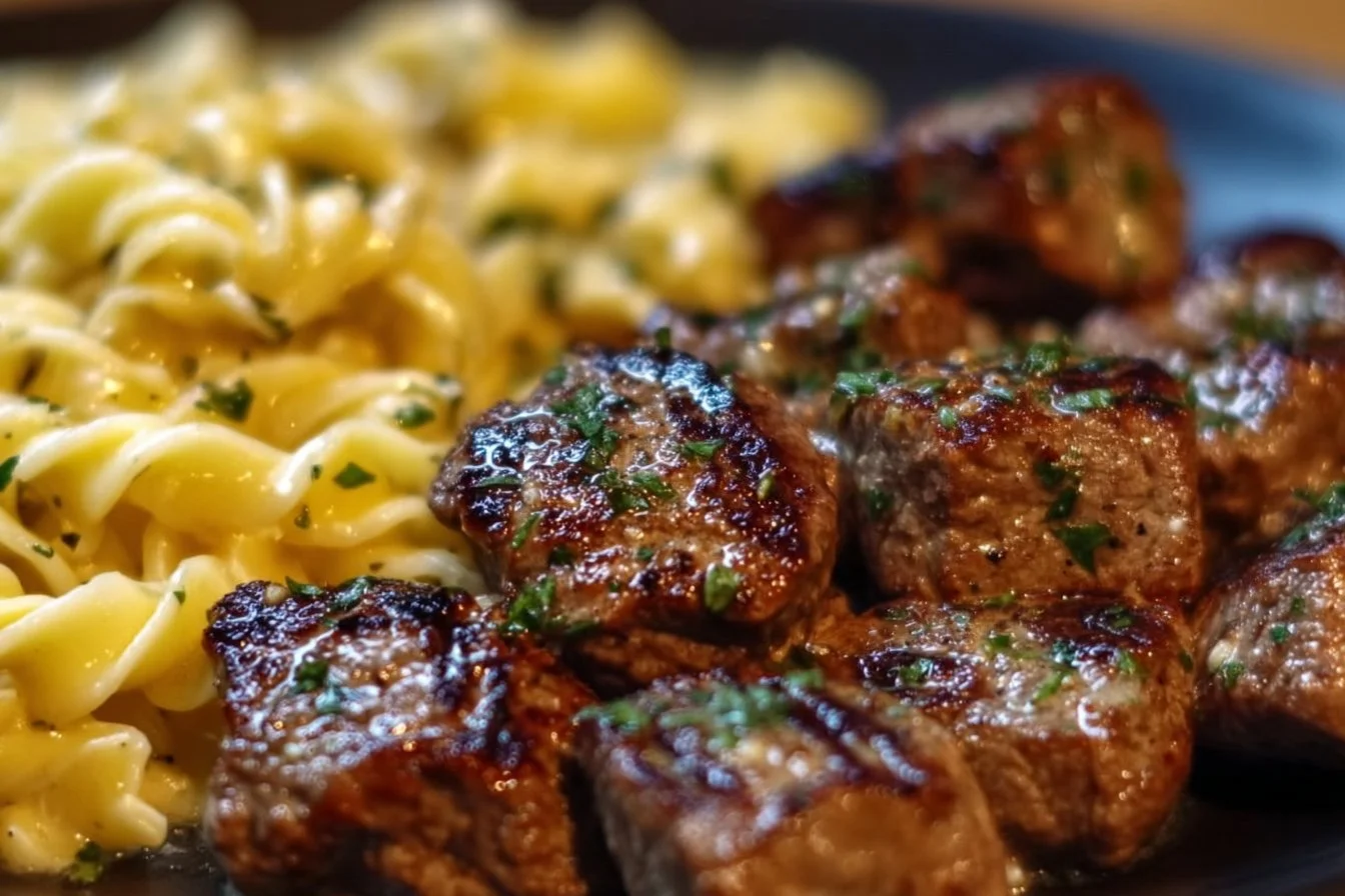 Delicious garlic butter steak bites served with creamy parmesan pasta