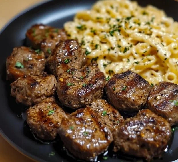 Garlic Butter Steak Bites with Creamy Parmesan Pasta