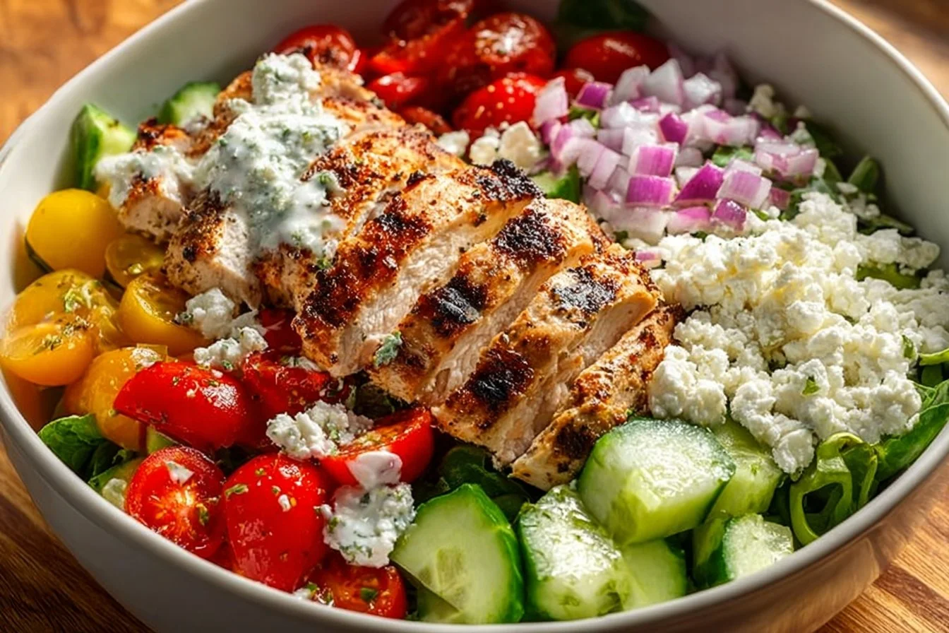 Greek Chicken Bowl with fresh vegetables and herbs