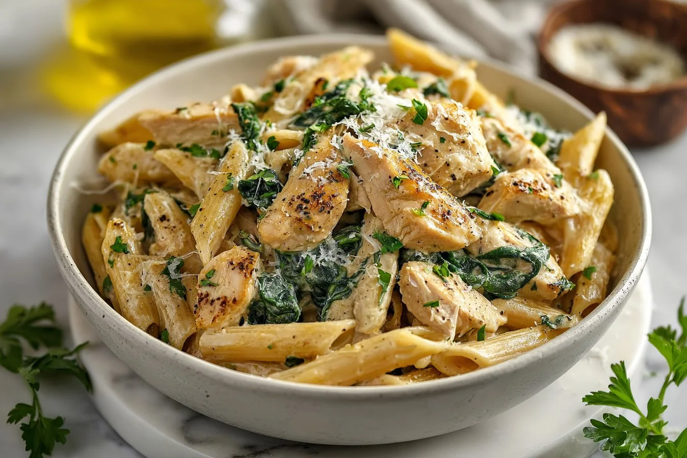 Bowls of healthy garlic parmesan chicken pasta topped with parsley.