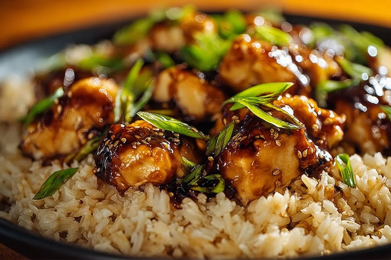 Honey BBQ Chicken served on rice with colorful vegetables