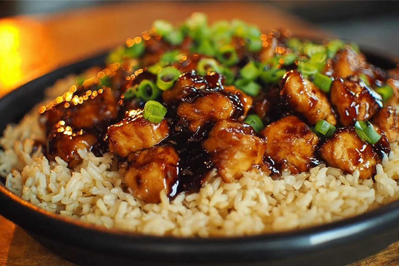 Delicious Honey BBQ Chicken served over flavorful rice
