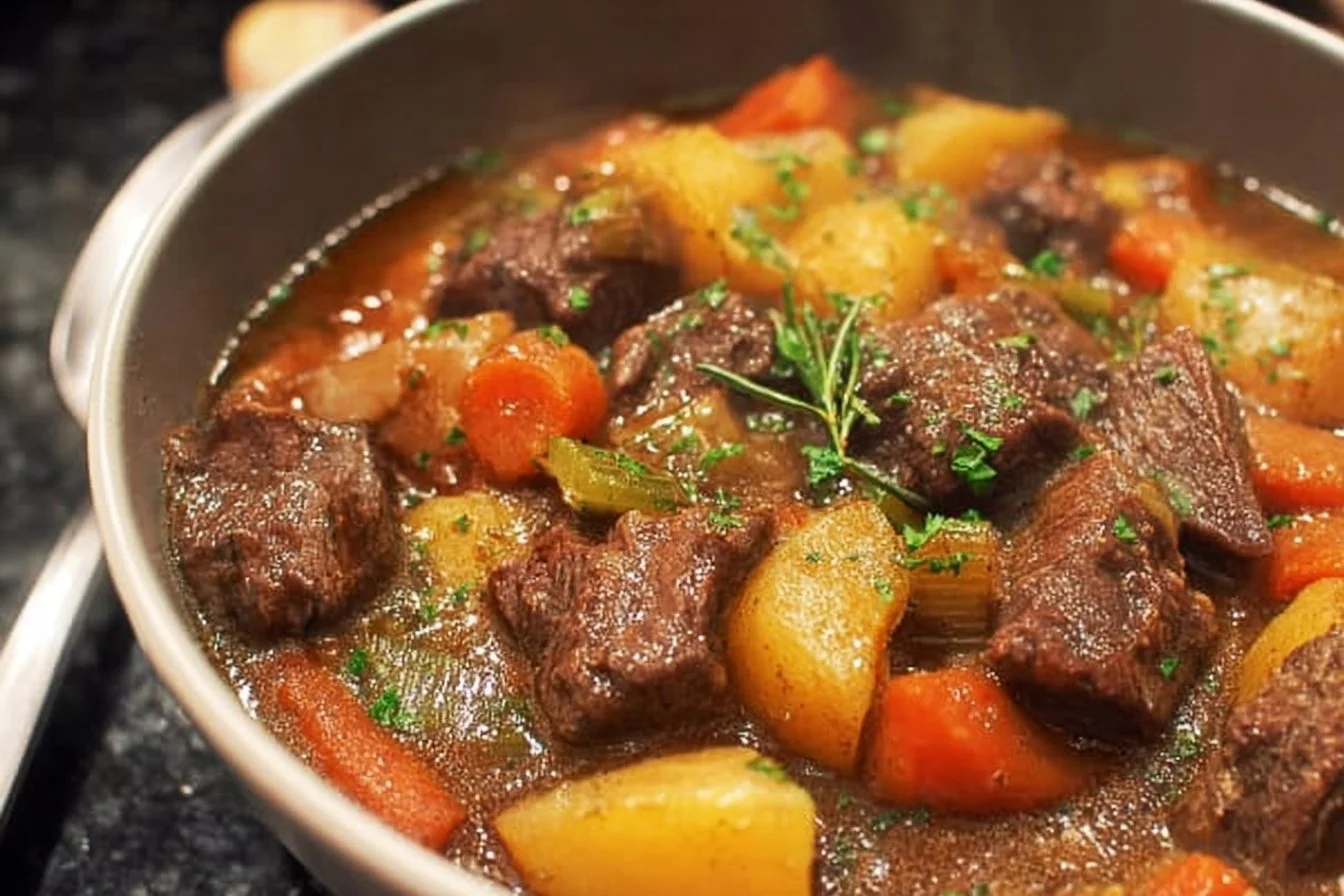 Delicious Irish Beef Stew served in a bowl with fresh herbs