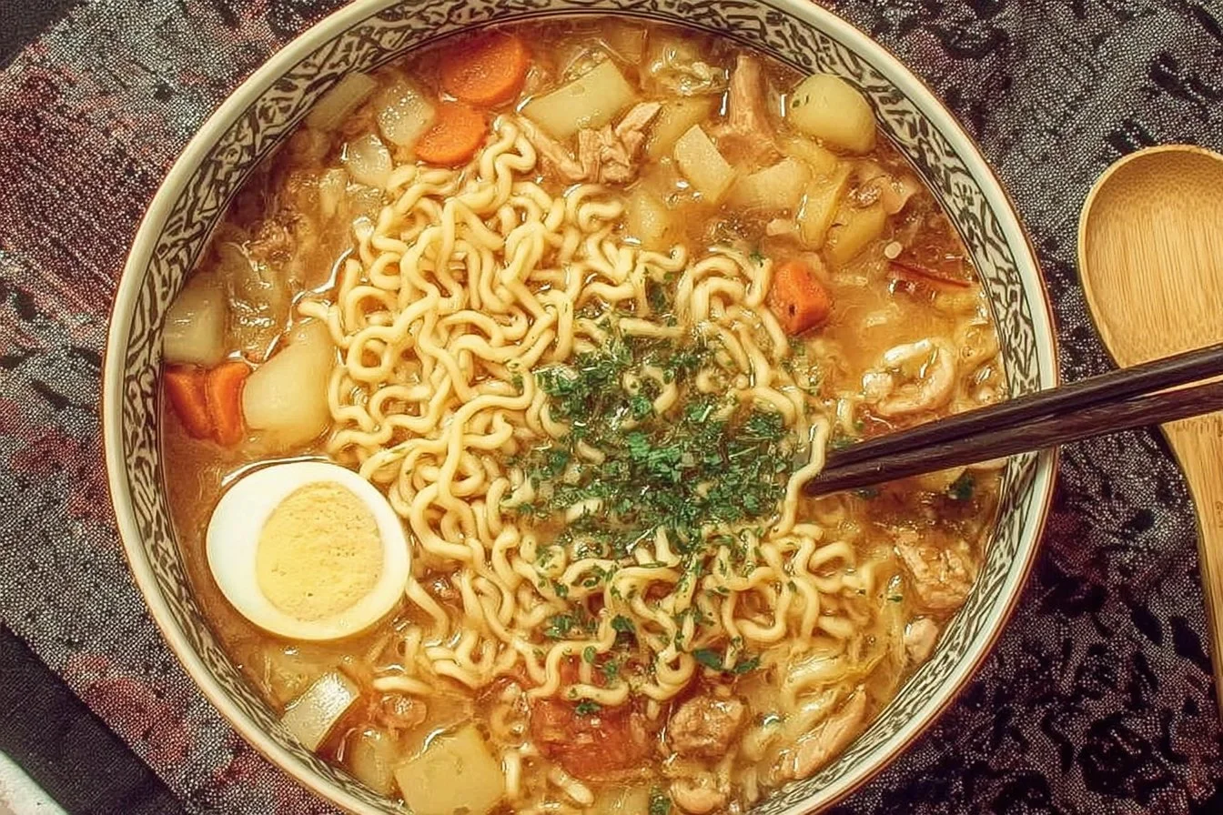 Bowl of Italian Ramen Soup with rich broth and fresh ingredients