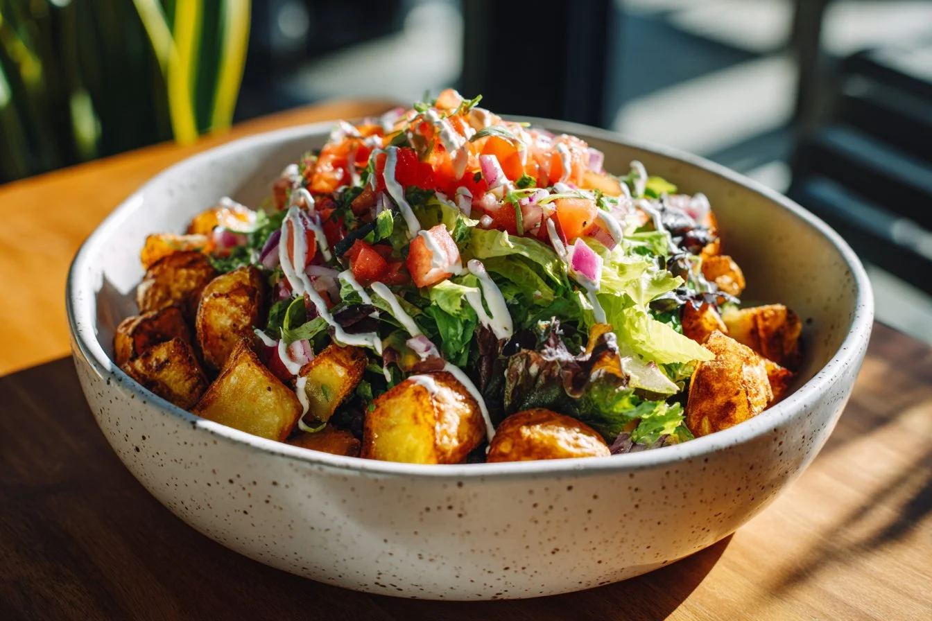 Loaded burger bowls topped with fresh vegetables and condiments