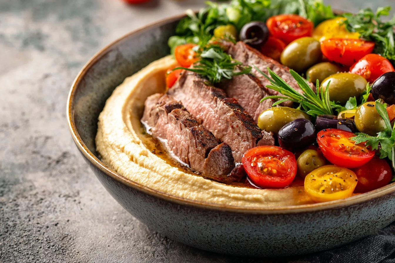Mediterranean steak bowl topped with fresh vegetables and herbs