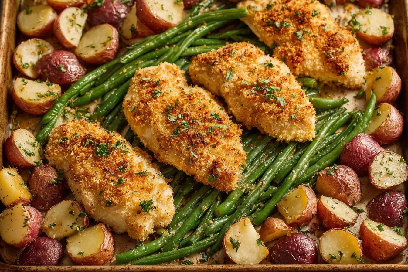 Parmesan crusted chicken on a sheet pan with vegetables