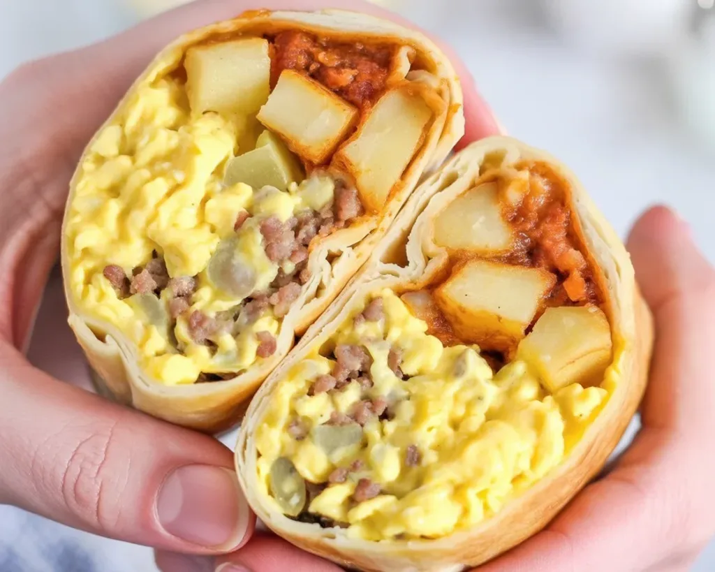 Make ahead air fryer breakfast burrito filled with eggs and sausage