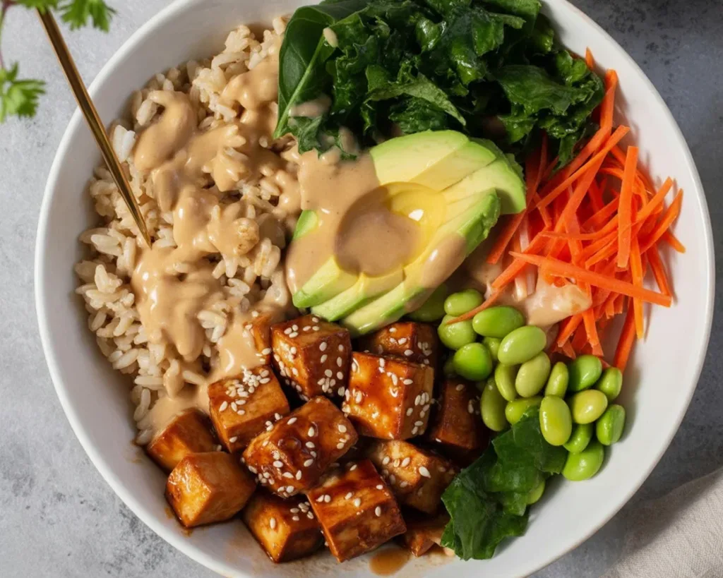 Delicious Air Fryer crispy tofu bowl with vegetables and teriyaki sauce