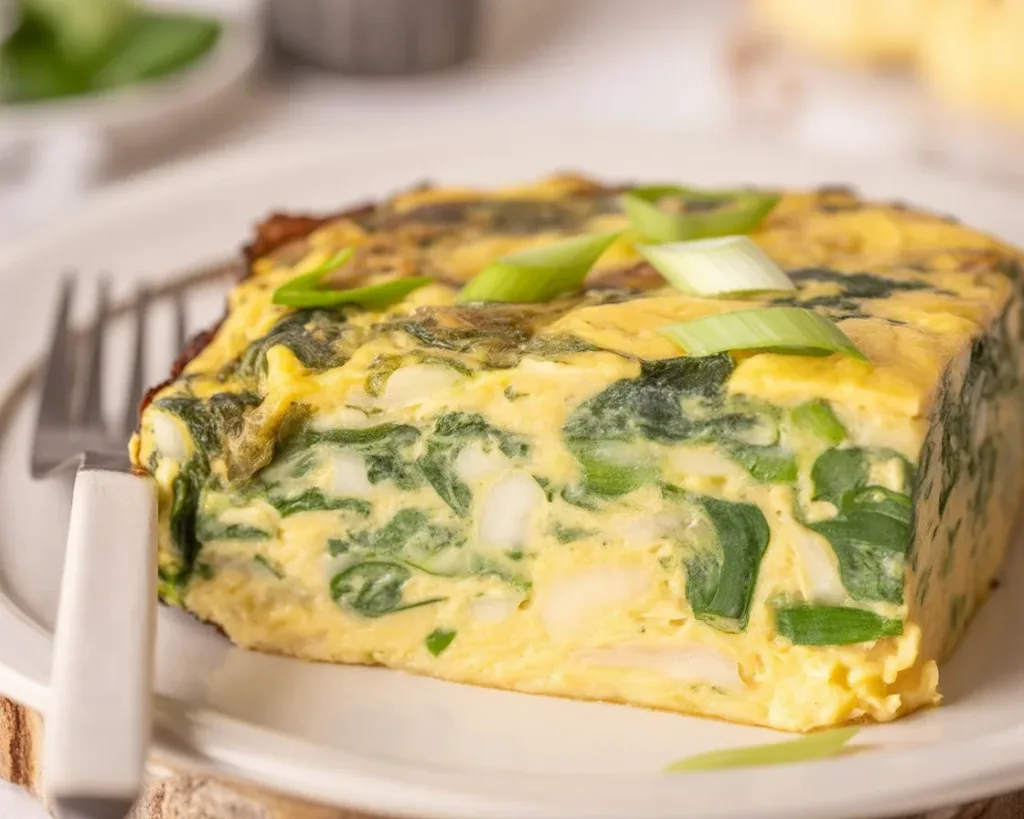 Cottage cheese egg bake with spinach, peppers, and eggs, served in a casserole dish.