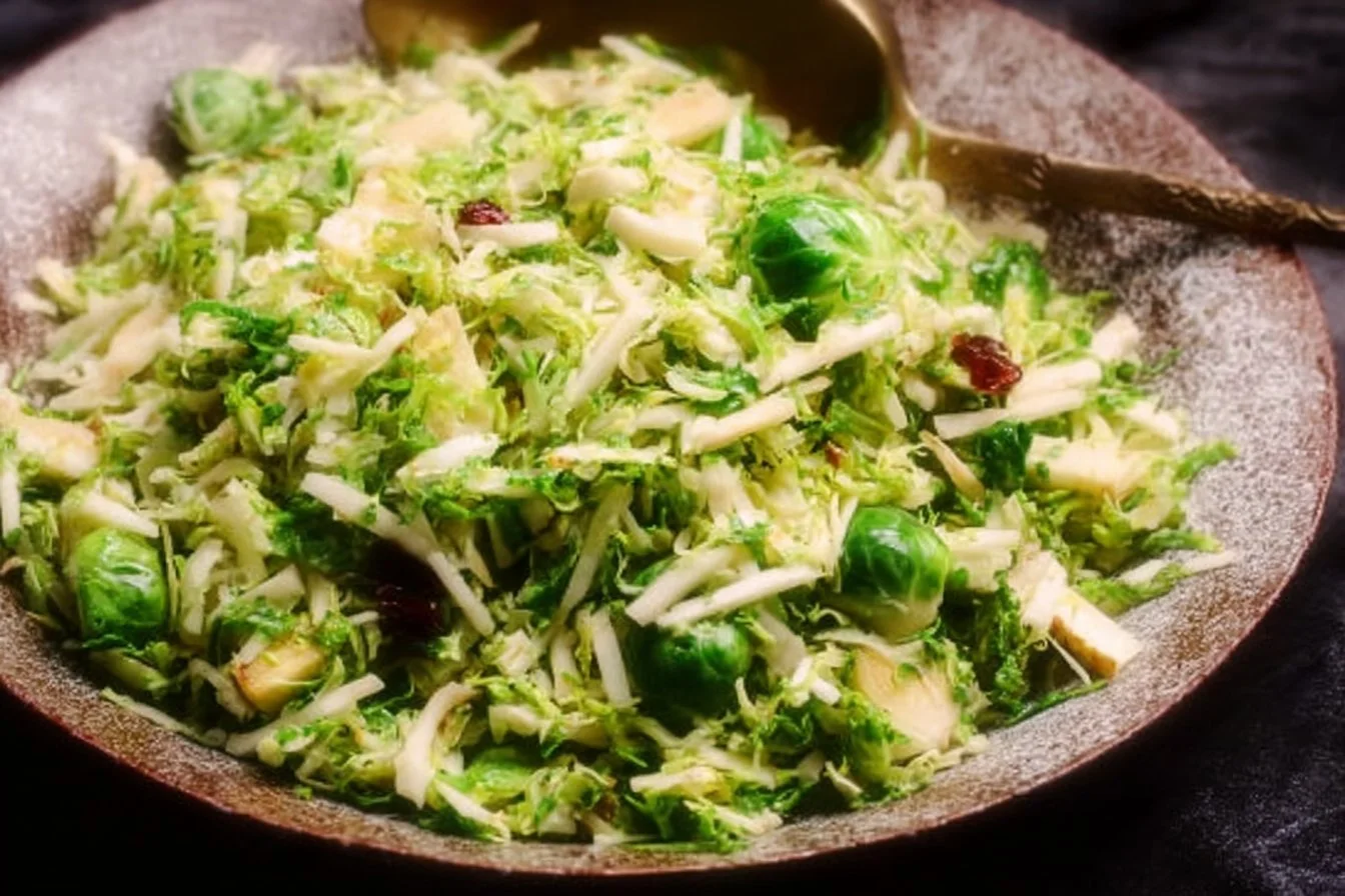 Fresh Shaved Brussels Sprouts Salad with colorful vegetables and dressing