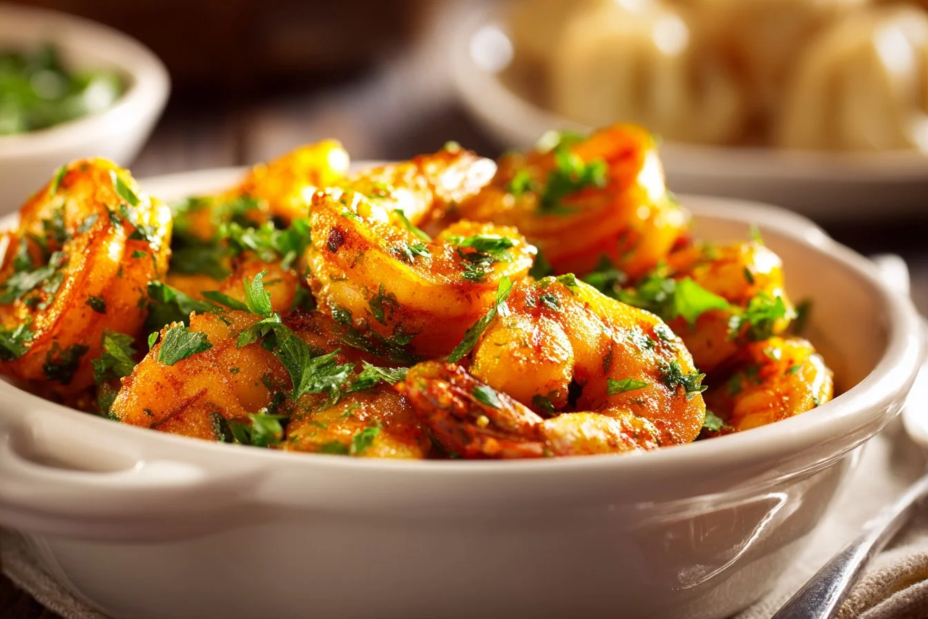 Delicious Spicy Voodoo Shrimp served with rice and garnished with herbs