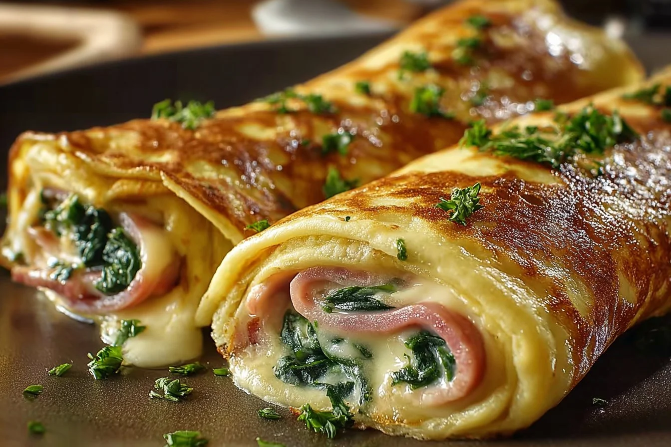 Delicious spinach ham breakfast rolls served on a plate, perfect for a morning meal.