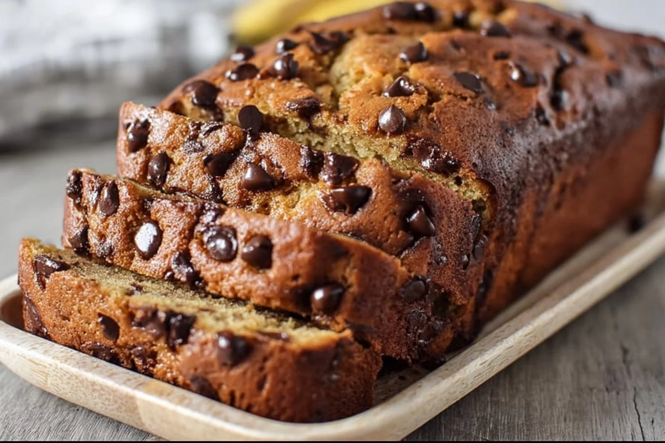Super moist chocolate chip banana bread sliced on a wooden board