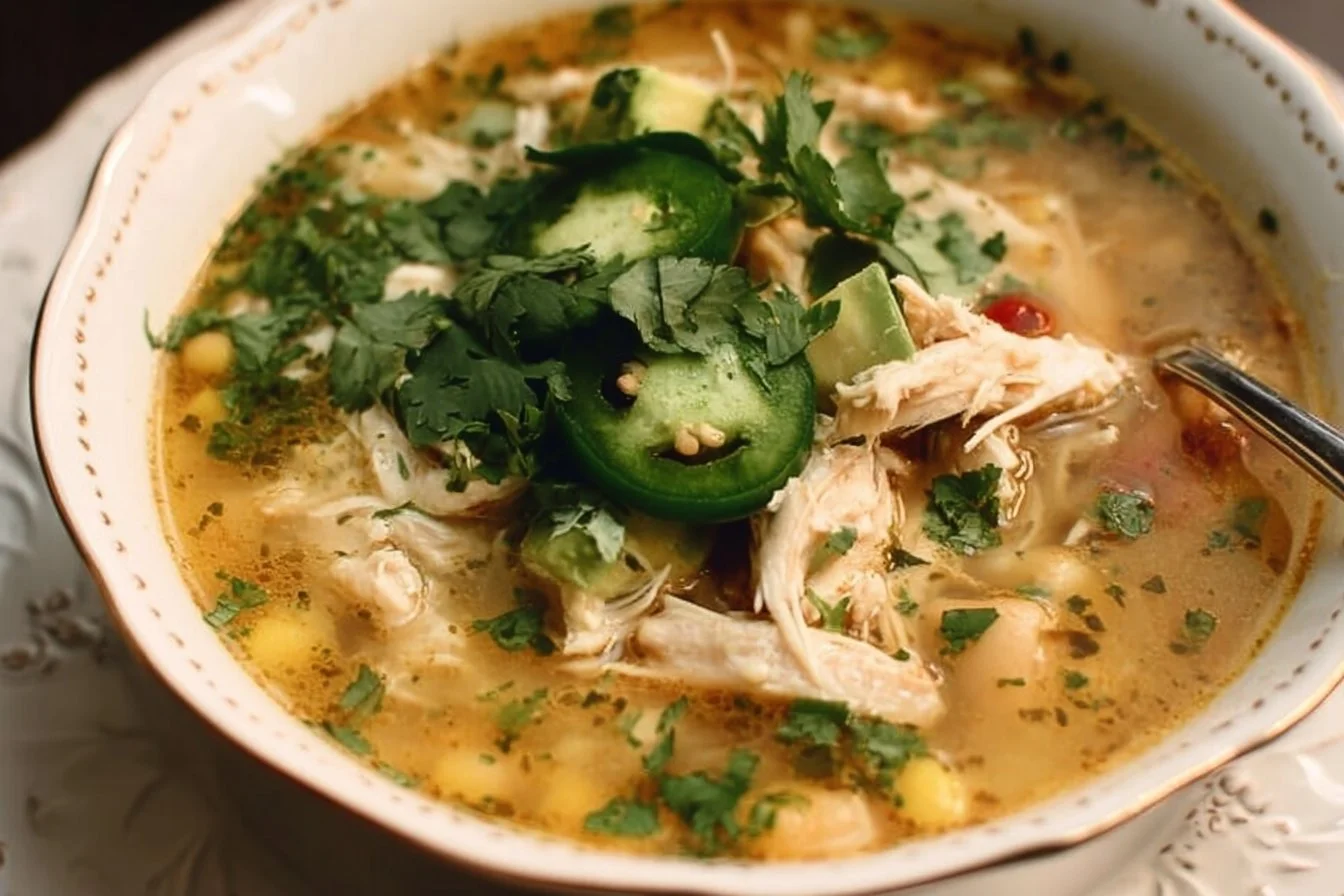Bowl of creamy White Chicken Chili garnished with cilantro and lime wedges