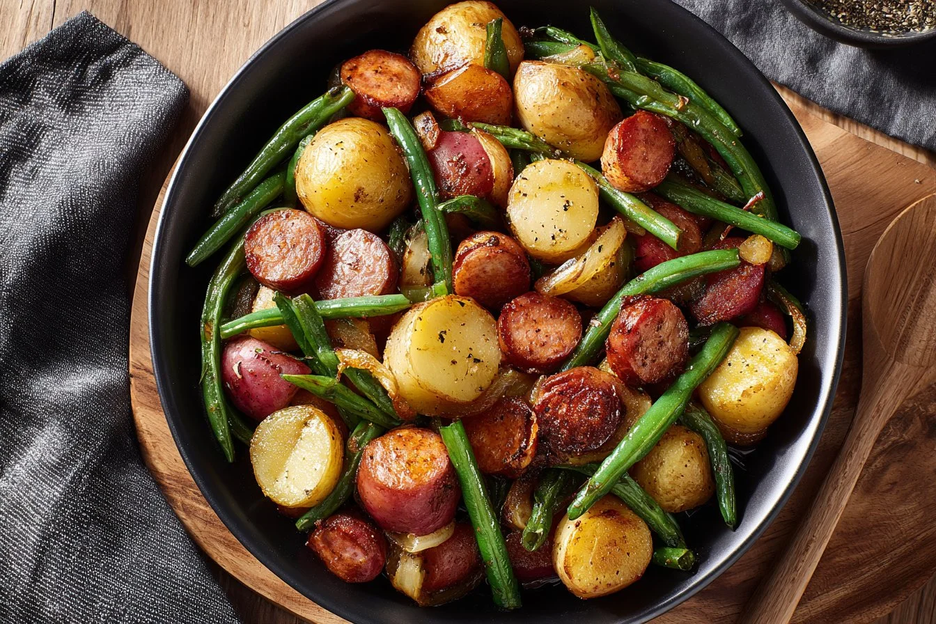 Air Fryer Kielbasa with colorful veggies served on a plate