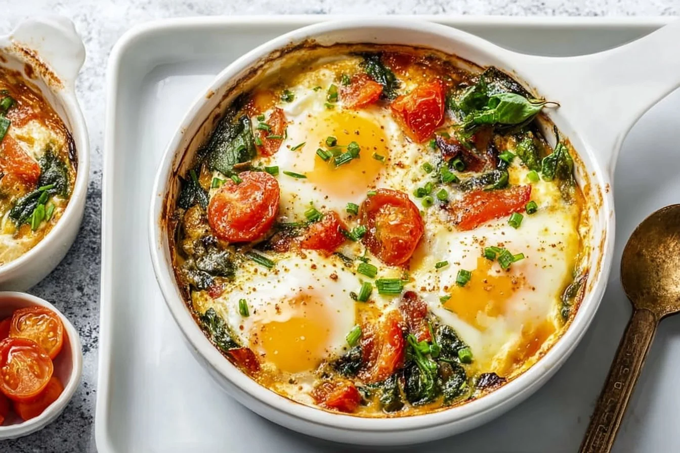 Baked feta eggs with juicy tomatoes and fresh spinach in a vibrant dish
